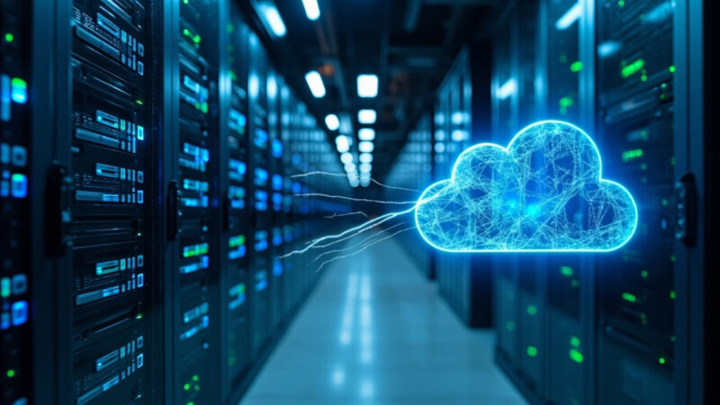Hybrid cloud architecture visualization: server racks on the left connected via fiber network cables to cloud icon visualization on the right, sleek data center aisle with bright LED lighting