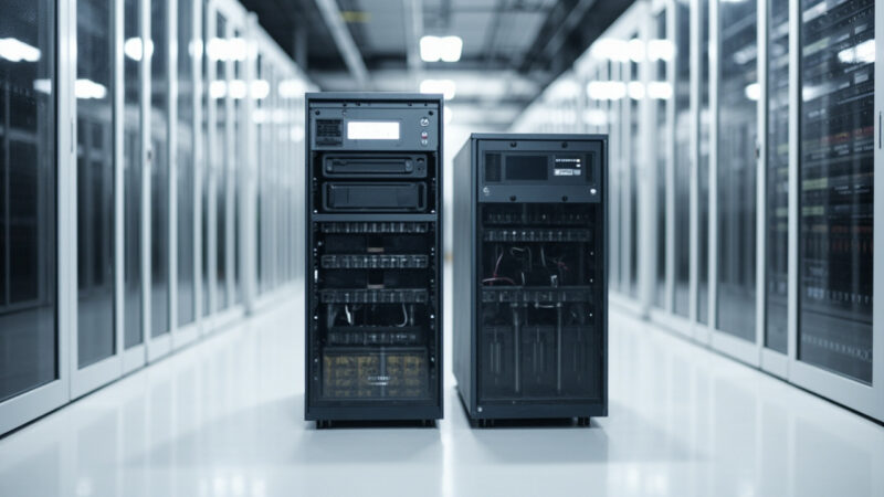 Two modern battery cabinets side by side in a clean data center, left cabinet taller containing traditional VRLA lead-acid batteries with visible cells, right cabinet shorter containing modern lithium-ion battery modules