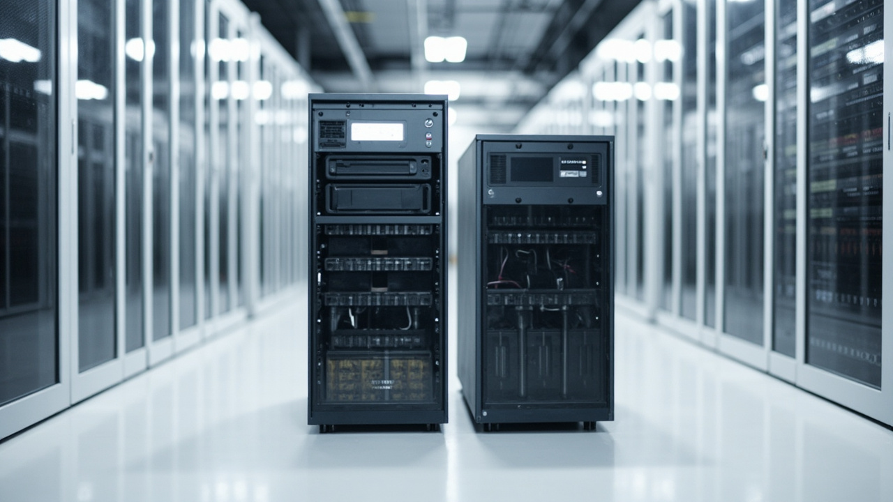 Two modern battery cabinets side by side in a clean data center, left cabinet taller containing traditional VRLA lead-acid batteries with visible cells, right cabinet shorter containing modern lithium-ion battery modules