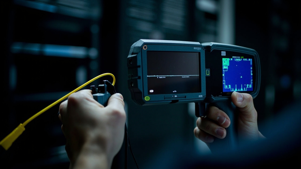Technician hands connecting yellow fiber optic cable to a handheld OTDR device, the OTDR screen displaying a fiber trace, dark data center background with server racks out of focus