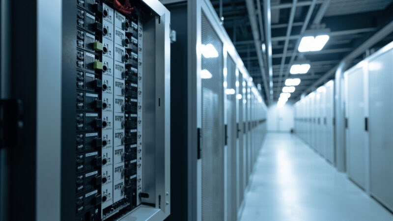 Pasillo de data center con PDU en primer plano y racks al fondo