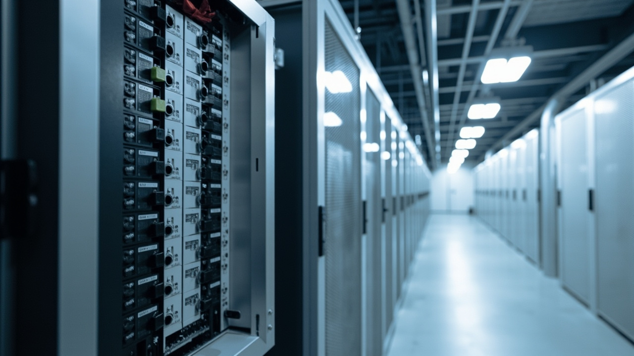 Pasillo de data center con PDU en primer plano y racks al fondo