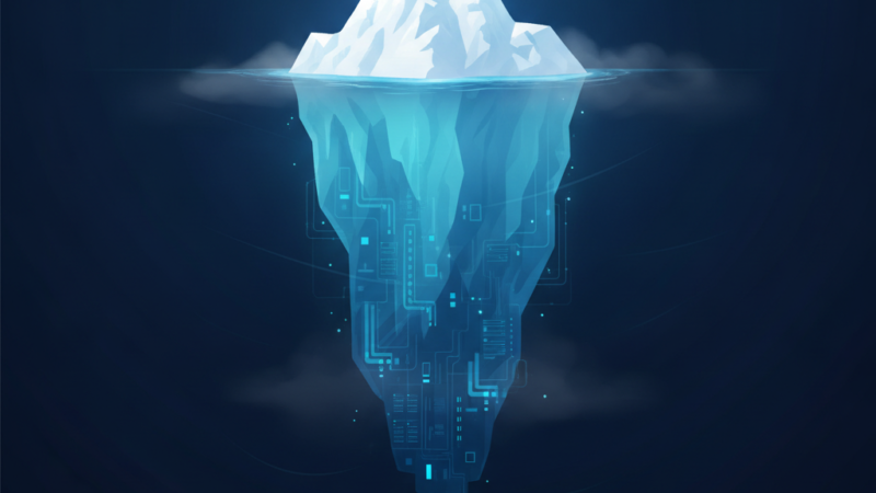 Iceberg ilustrando el TCO: punta visible pequeña (precio inicial) y masa sumergida masiva con infraestructura de data center (costos ocultos)