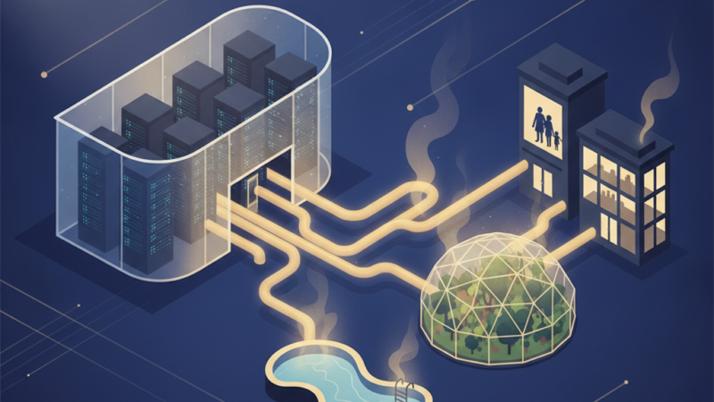 Data center con tubos dorados que llevan calor residual hacia un edificio residencial, un invernadero con plantas y una piscina termal, ilustrando la reutilización del calor como recurso sostenible