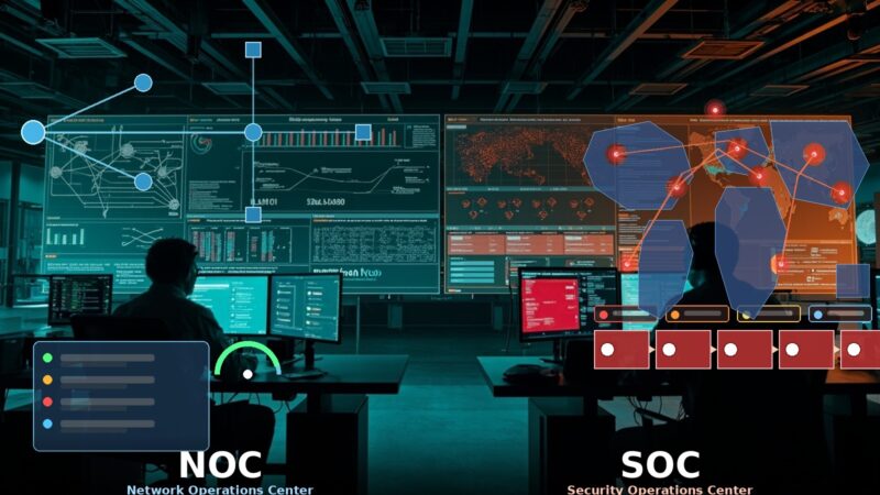 Comparativa NOC vs SOC: topología de red, panel de tickets y gauge de capacidad a la izquierda; mapa de amenazas, kill-chain de 5 etapas y badges de severidad a la derecha. Sala de operaciones unificada.
