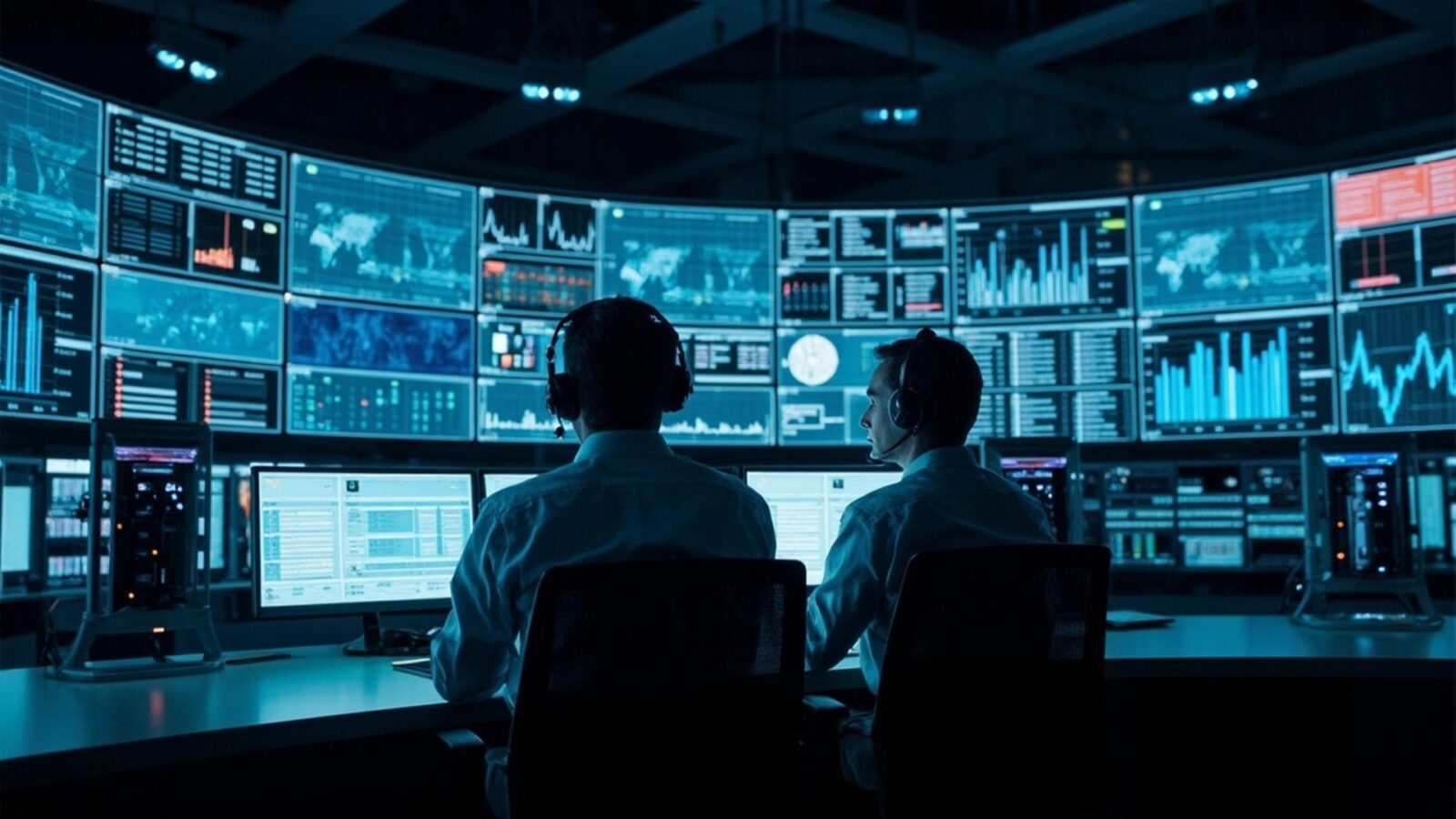 Operador revisando dashboards de telemetría 24x7 en un data center