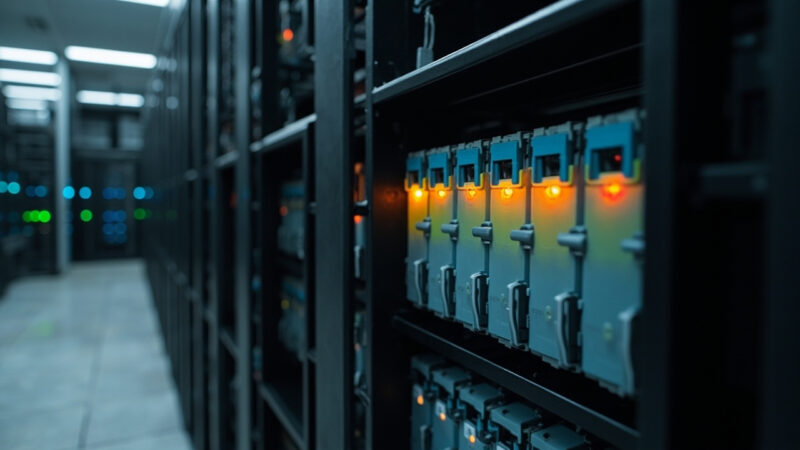 Técnico con cámara termográfica inspeccionando baterías de UPS en data center