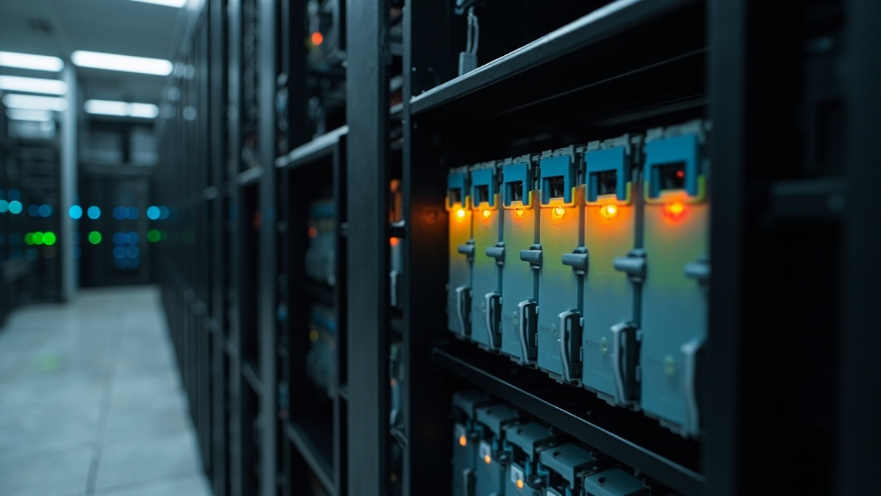 Técnico con cámara termográfica inspeccionando baterías de UPS en data center