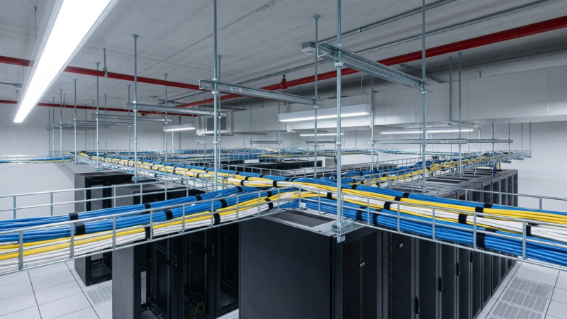 Overhead cable tray in a data center showing power cables (red) and data cables (blue, yellow, white) installed in the same tray