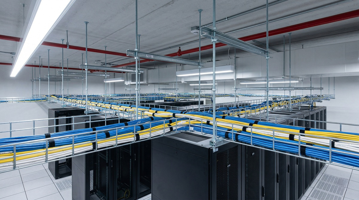 Overhead cable tray in a data center showing power cables (red) and data cables (blue, yellow, white) installed in the same tray