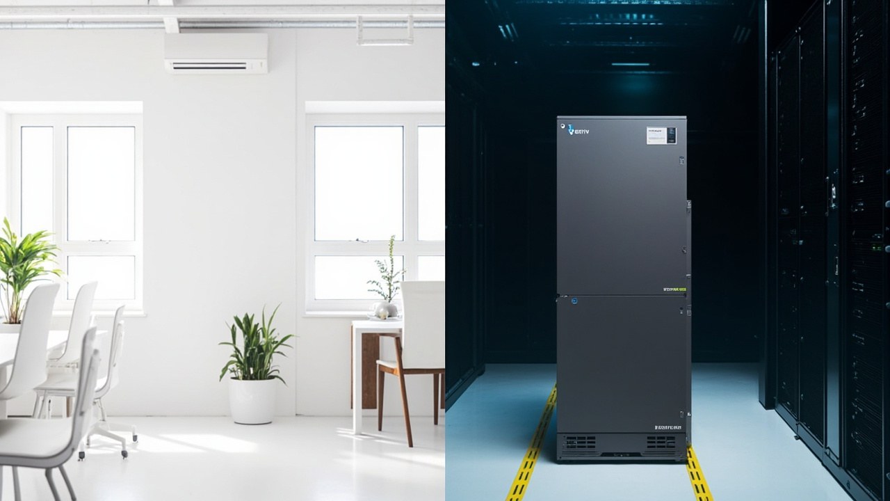 Split-screen comparison: office with white walls and A/C unit on left vs data center with dark CRAC unit and server racks on right