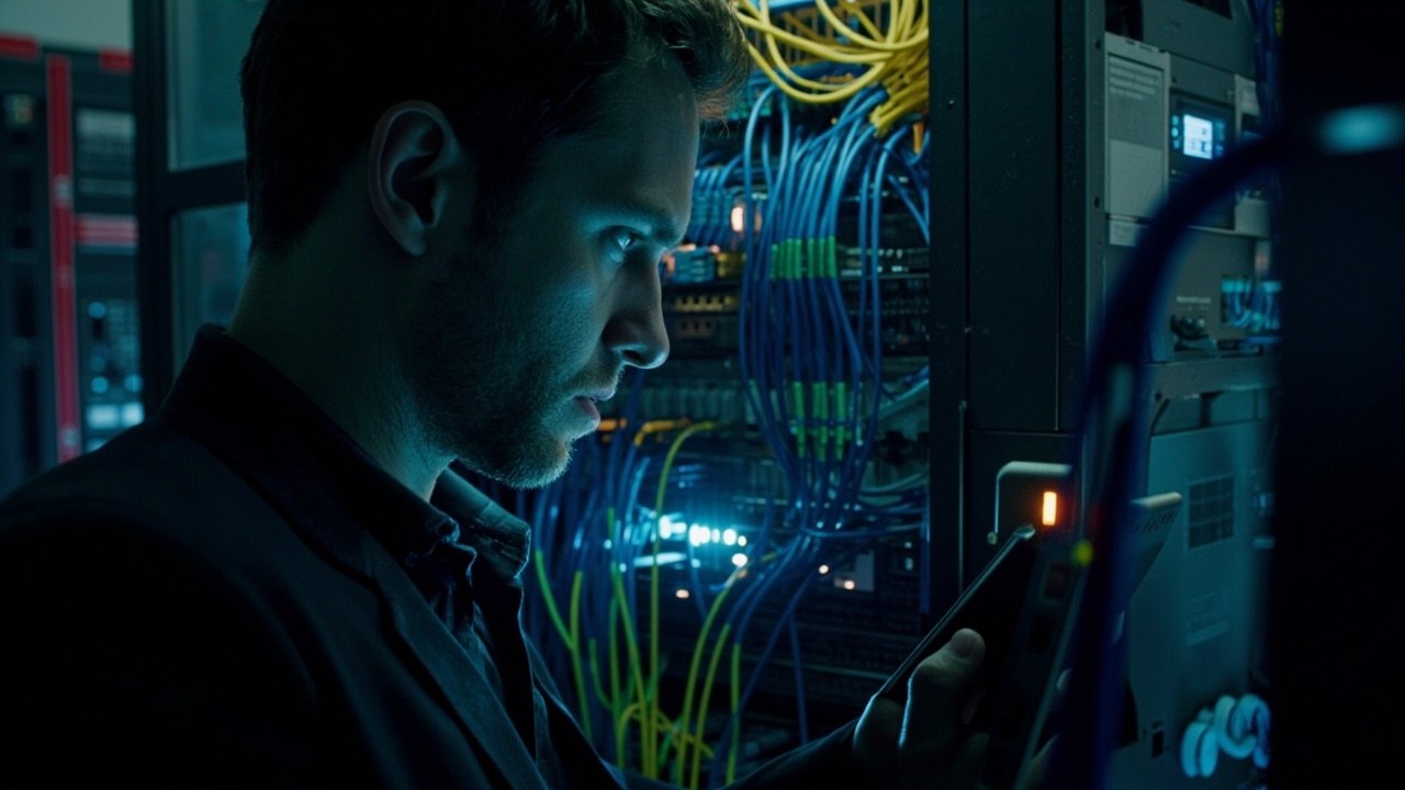 Technician providing Smart Hands service in front of server racks, holding a phone, with network cables visible in the data center aisle